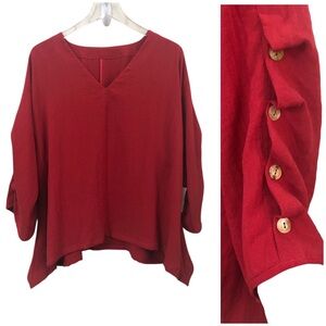 Fridaze | NEW Linen Ruched Button Sleeve Red V Neck  Lagenlook Tunic